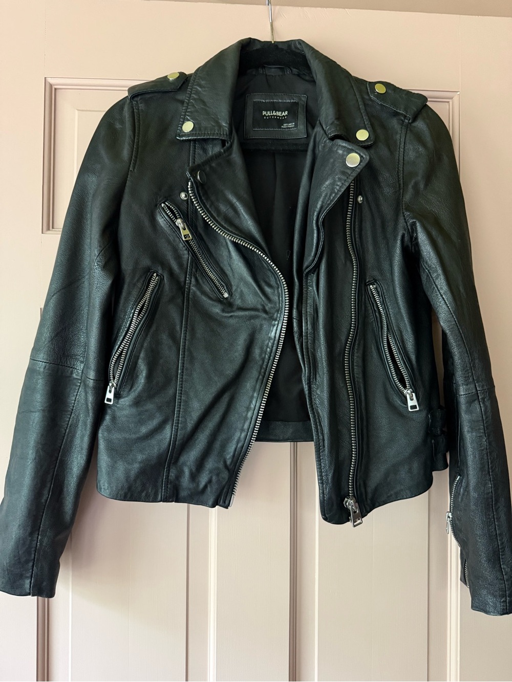Pull&Bear Black Real Leather Biker Jacket